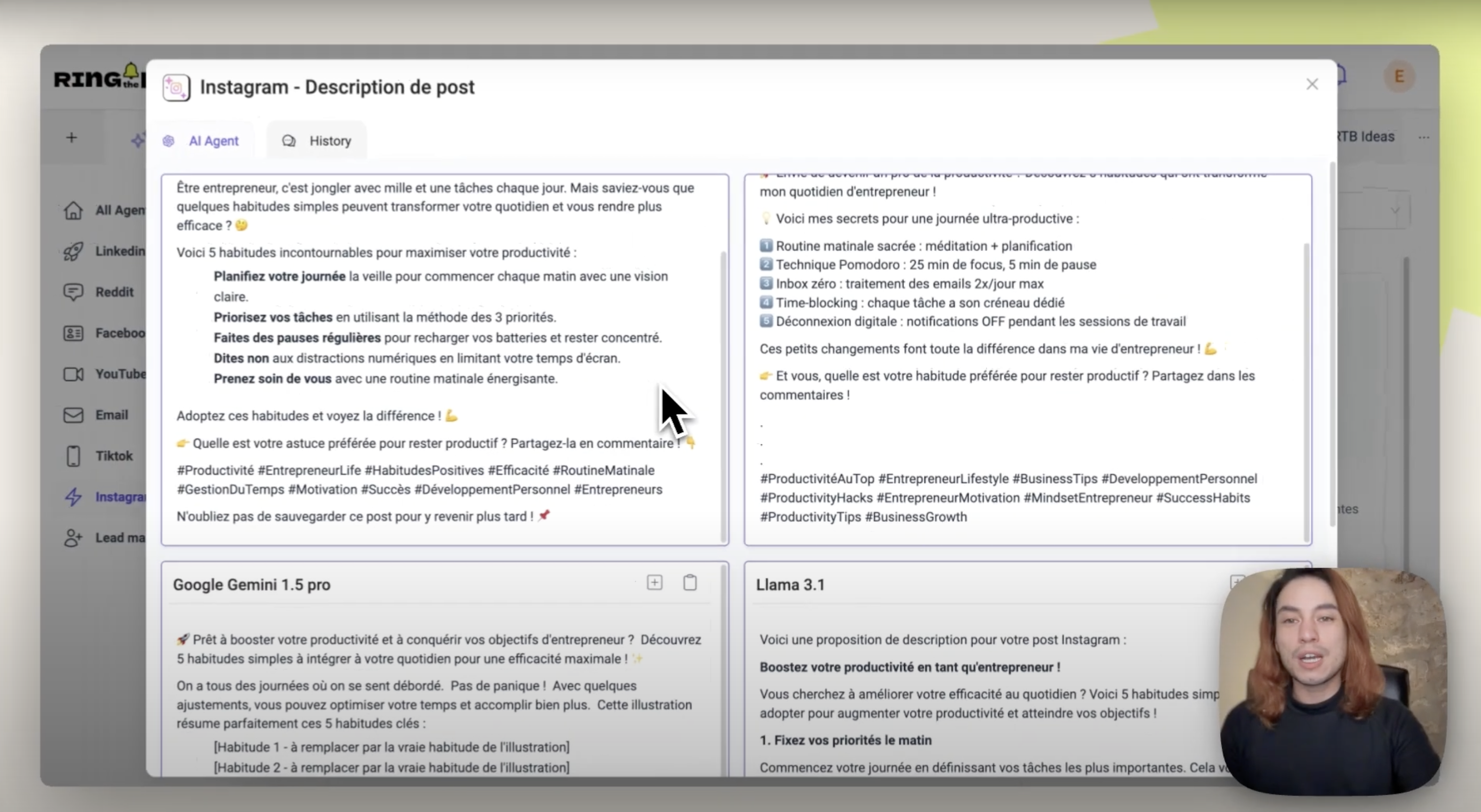 Utilisation de l'IA pour l'écriture de la description du post Instagram